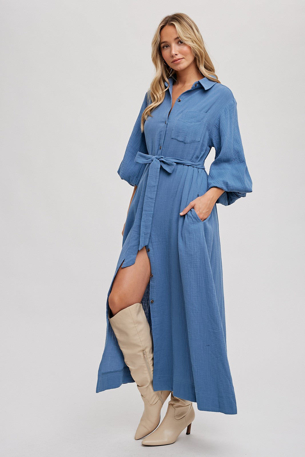 Sandy Bubble Sleeve Belted Shirts Midi Dress