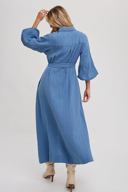 Sandy Bubble Sleeve Belted Shirts Midi Dress